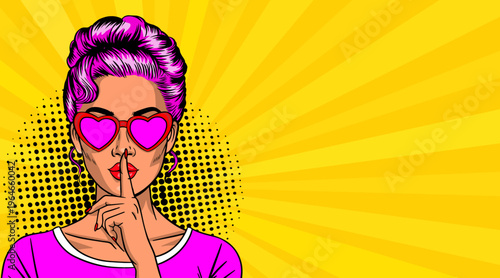 Pop Art Woman Making Shh Silence Gesture - Purple Hair Girl with Pink Heart Sunglasses and Finger on Lips on Yellow Sunburst Background with Halftone Dots