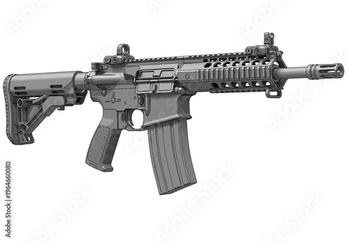 Tactical AR-15 Assault Rifle Isolated on White Background - High Detailed 3D Illustration of Modern Military Firearm for Gaming and Concept Art