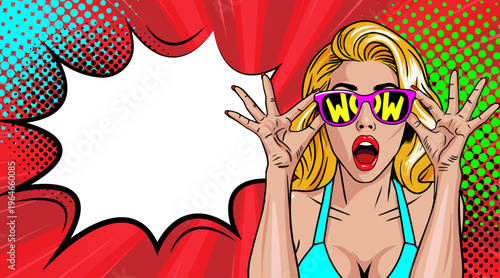  Pop Art Woman with WOW Sunglasses - Surprised Blonde Girl with Comic Book Halftone Dots Background and Speech Bubble Frame