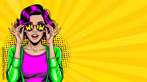 Pop Art Woman with Purple Hair Adjusting Sunglasses - Retro Girl in Colorful Clothing with Halftone Dots on Yellow Sunburst Background