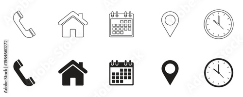 Interface icon set. Phone receiver, home, location pin, clock and calendar elements form a clean contact vector illustration, Call and visit planning sign.