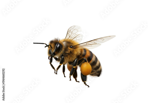 Honey Bee Isolated on White — 3D render of detailed flying honeybee with pollen basket, wings and striped body on white background, nature concept.