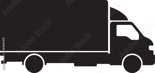Black truck silhouette, delivery van icon, cargo vehicle, transportation symbol