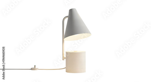 Modern White Desk Lamp with Cone Shade and Cylindrical Base. Minimalist reading light with power cord.