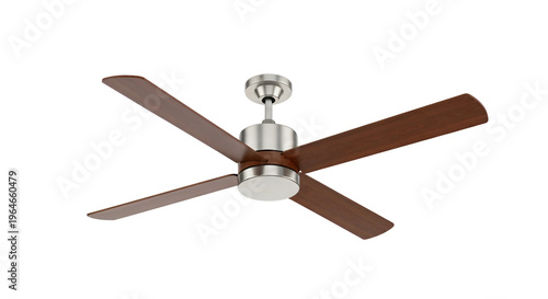Modern Ceiling Fan with Walnut Wood Blades and Brushed Nickel Motor. Four-blade indoor home fan.