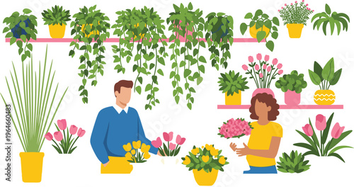 People arranging indoor plants and flowers with hanging pots isolated on white background gardening hobby vector illustration collection