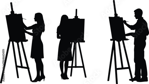 Artist painting silhouettes set, people drawing on canvas, creative activity poses, art studio concept, painter at easel, isolated on white background