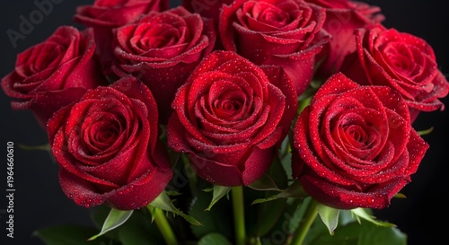A vibrant bouquet of deep red roses with lush green leaves in the background