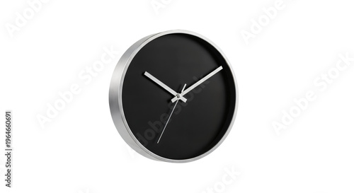 Modern Minimalist Wall Clock with Black Dial and Silver Aluminum Frame. Contemporary round timepiece.