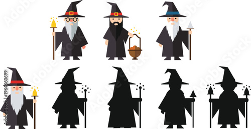 Minimal wizard and witch icon set color and silhouette vector fantasy characters isolated on white background