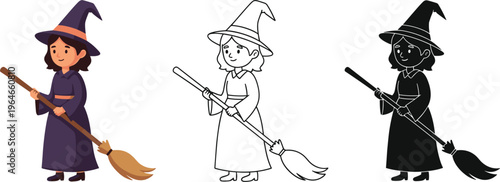 Witch with broomstick vector set color outline silhouette cartoon character isolated on white