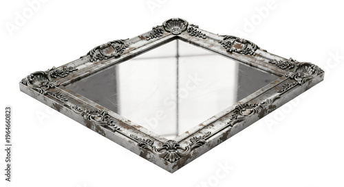 Antique Silver Ornate Square Mirror with Baroque Carved Frame. Vintage decorative wall mirror isolated.
