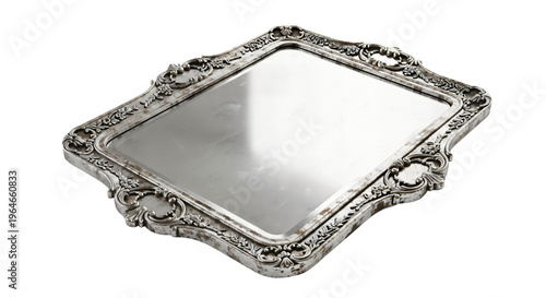 Antique Silver Ornate Square Mirror with Baroque Carved Frame. Vintage decorative wall mirror isolated.