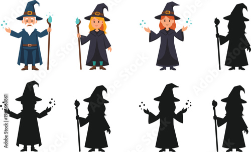 Wizard and witch cartoon character vector set color and silhouette fantasy illustration isolated on white