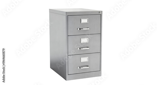 Modern Light Gray Metal 3-Drawer Filing Cabinet with Chrome Handles and Lock. Office storage unit.