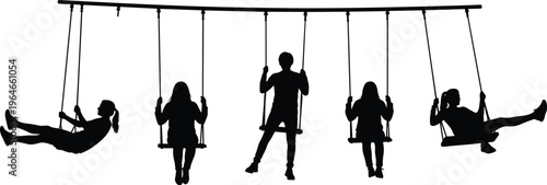 Children on swings silhouettes, playground kids playing, childhood fun activity, boys and girls swinging, leisure outdoor concept, isolated on white background