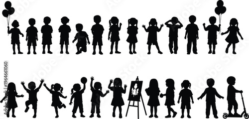 Children silhouette collection, kids playing and standing poses set, childhood activities and fun scenes, black vector illustration isolated on white background
