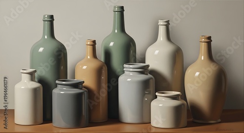 A serene still life composition featuring an elegant assortment of minimalist ceramic bottles and jars in earthy tones, perfect for rustic home decor or interior design accents