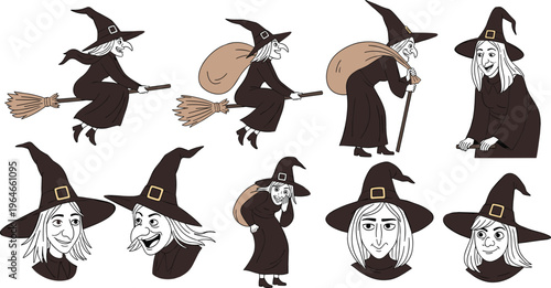 Befana witch character vector set flying broomstick silhouette Halloween Epiphany clipart transparent background
