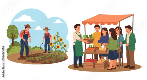 Farm to Table Journey: Farmers Cultivating Produce and Selling Fresh Vegetables at a Bustling Local Market
