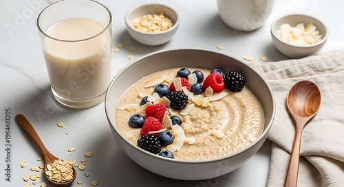 Delicious breakfast of creamy oatmeal topped with fresh mixed berries and toasted coconut flakes, served with plant-based milk for a wholesome and nutritious start