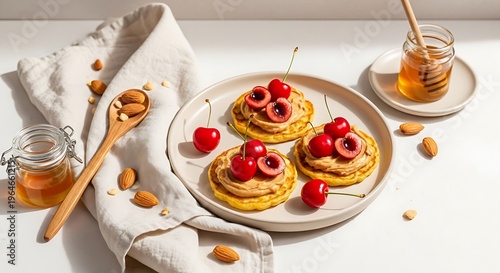 Delicious homemade pancakes topped with fresh cherries and almonds, served with a side of honey and a wooden spoon, presented on a white plate
