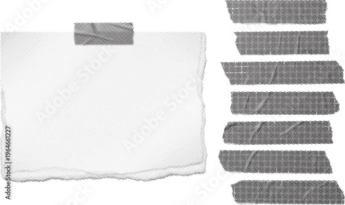 Halftone taped paper and torn strips, dotted, rough, and textured surface. Black and white comic pop-art background, featuring grainy, distressed, and modern details
