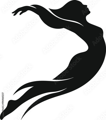 Black silhouette of a woman jumping in mid air with her arm outstretched and hair flowing behind her in a dynamic vector graphic illustration