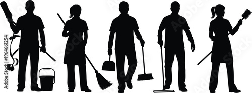 Cleaning service people silhouettes collection, janitors with tools like mop broom and vacuum, housekeeping and maintenance workers isolated on white background illustration
