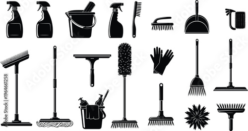 Cleaning tools silhouette collection, household equipment set, mop broom spray bottle bucket gloves, black vector illustration, hygiene supplies icons isolated on white background
