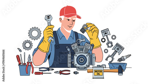 Mechanic's Precision: A skilled mechanic meticulously repairs an engine, surrounded by tools of his trade, showcasing the dedication and precision required for mechanical work.