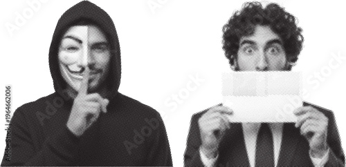 Halftone anonymous mask and man holding paper, dotted and rough surface. Black and white comic pop-art style, featuring grainy, mysterious, and bold details