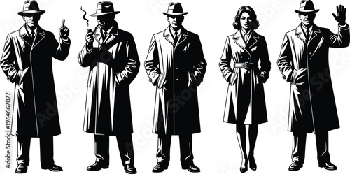 Detective noir characters collection, vintage men and woman silhouettes in trench coats and hats, black vector illustration, retro crime style isolated on white background