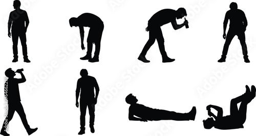 Drunk man silhouettes collection, alcohol addiction concept, male drinking poses, intoxicated behavior, sickness and hangover stages, isolated on white background