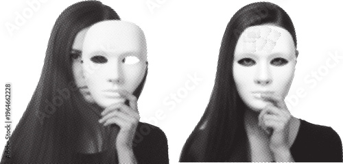 Halftone women with masks, dotted, rough, and textured surface. Black and white comic pop-art portrait, featuring grainy, dramatic, and mysterious details