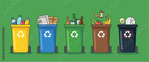 Set of five colorful recycling bins with waste types for garbage sorting guide