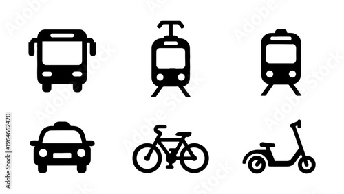 Public transportation icon set, black minimalist transport symbols for urban travel, collection of 6 vector icons for city mobility and commuting