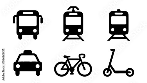 Public transport icon set with 6 black vector elements, urban mobility symbols for bus, train, taxi, bicycle and scooter, city transit graphics