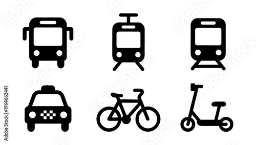 Public transport icon set with 6 black vector elements, urban mobility symbols for bus, train, taxi, and bicycle, city travel navigation graphics