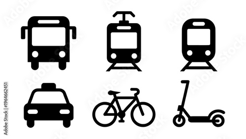 Public transportation icon set with 6 black vector elements, urban transit symbols for bus, train, taxi, bicycle and scooter, city travel signs