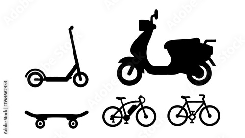 Urban micro-mobility vehicle silhouettes set, electric scooter and moped icons, bicycle and skateboard vector graphics for city transport