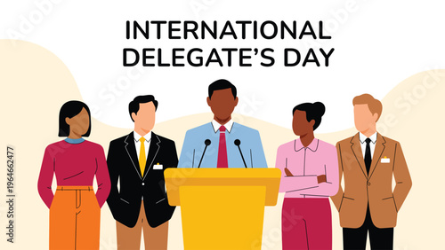 International Delegate’s Day illustration with diverse business people conference speech global diplomacy leadership concept modern flat vector design