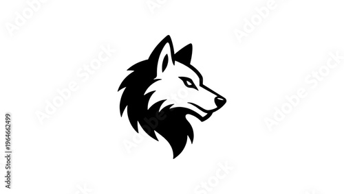 Wolf head vector logo, minimalist black and white canine profile, wild animal mascot illustration, predatory wolf silhouette for branding