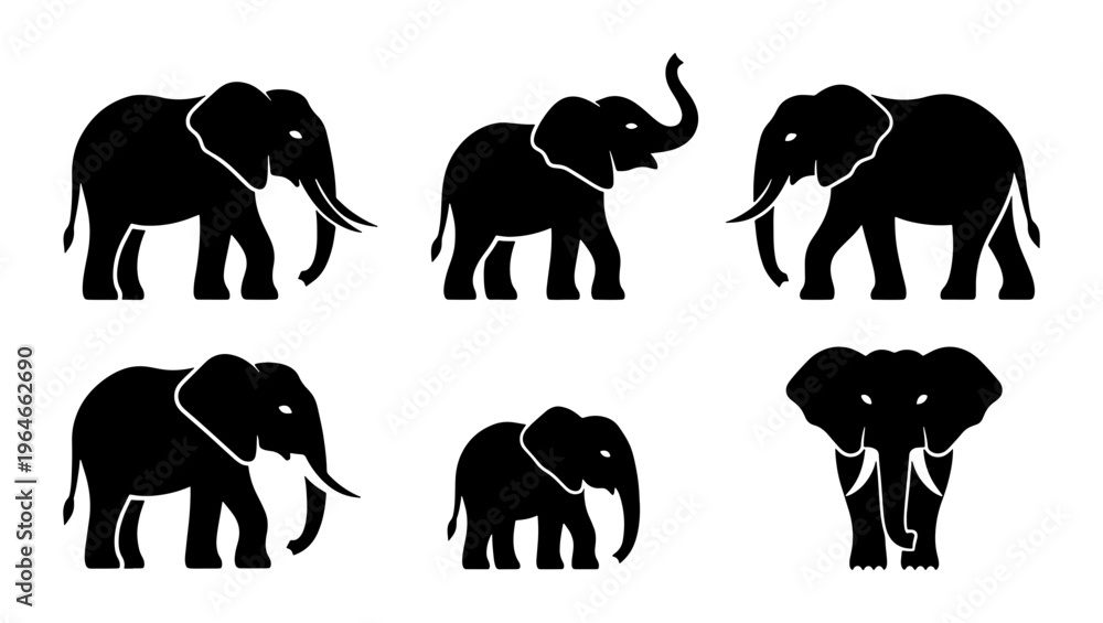 Obraz premium Elephant silhouette collection, set of 6 black vector animal icons, African elephant wildlife illustrations for logo design and nature branding
