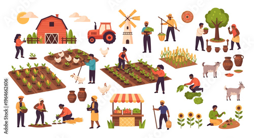 Diverse Farmers & Farm Life Vector Set: Agriculture, Harvest, Animals, and Rural Activities.