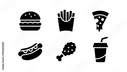 Fast food icon set with 6 black silhouettes, minimalist junk food symbols for restaurant menus, burger and pizza vector illustrations