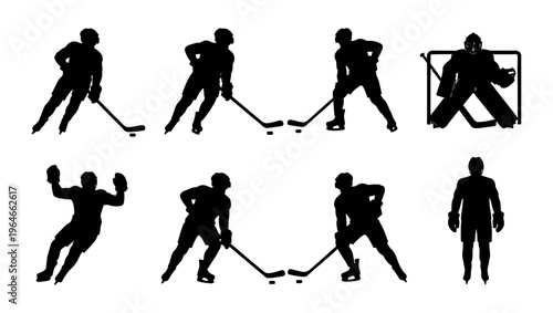 Ice hockey player silhouettes set, professional hockey athletes in action poses, goalie and skaters vector collection, winter sports competition graphics