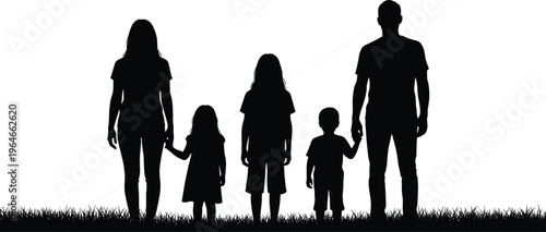 Family silhouette with children outdoor, parents holding kids hands, black vector illustration, parenting concept, love and togetherness isolated on white background