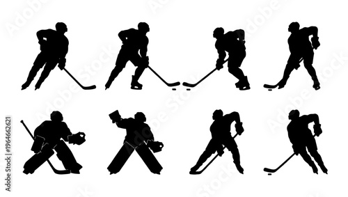 Ice hockey player silhouettes set, 8 professional athlete vector elements, hockey goalie and skater action poses, winter sports competition graphics
