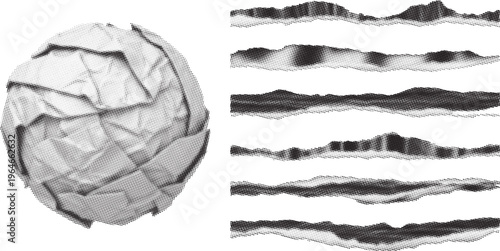 Halftone wrinkled paper ball and torn strips, dotted and rough surface. Black and white comic pop-art texture, featuring grainy, distressed, and abstract details